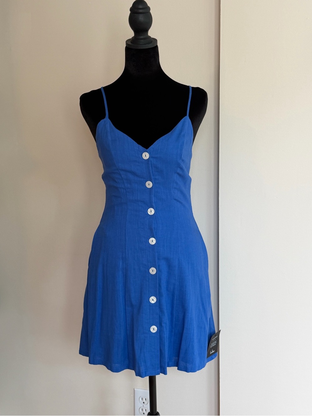 Lulu's Cobalt Blue Button-Front Spaghetti Strap Mini Dress - Picture 2 of 4